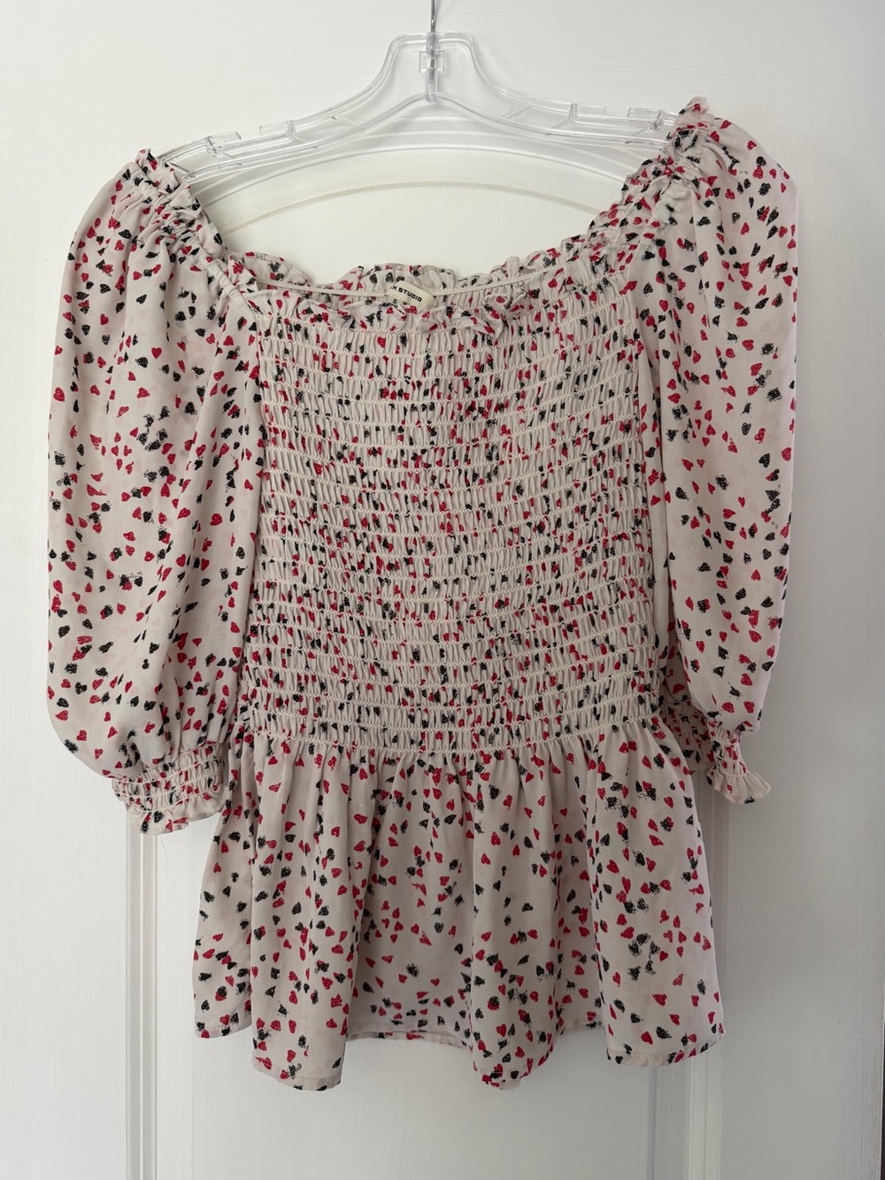 Max Studio Cream Off-Shoulder Smocked Blouse with Red & Black Heart Print